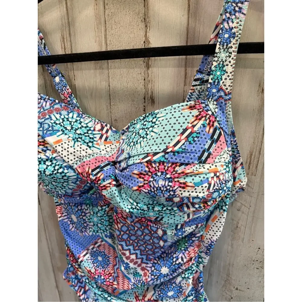 Emerald Bay Ruched Blue Pattern Flattering One Piece Swimsuit 18 Beach Pool - Picture 2 of 5